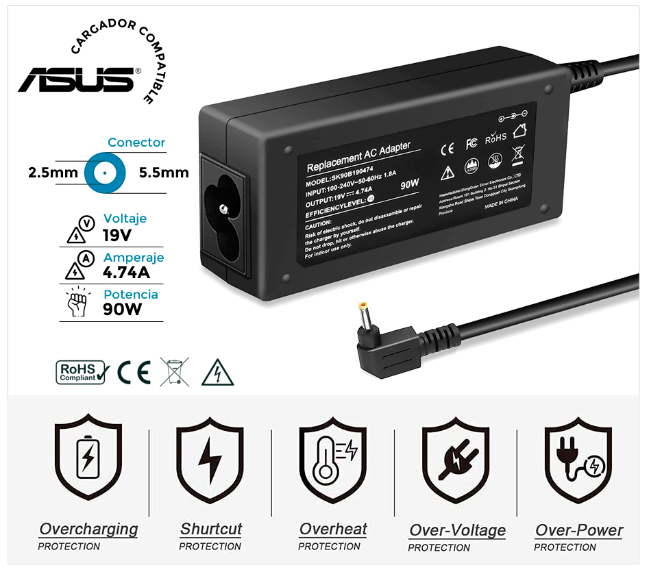 CARGADOR ASUS COMPATIBLE | 19V / 4.74A | 5.5 x 2.5mm | 90W