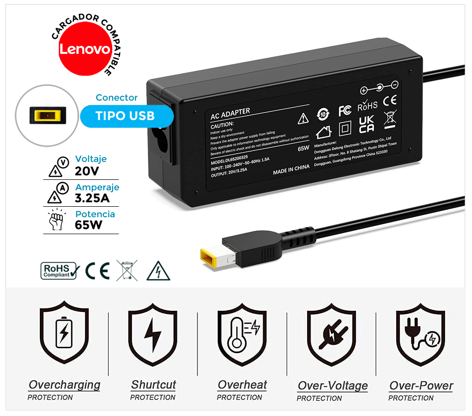 CARGADOR LENOVO COMPATIBLE | 20V / 3.25A | SQUARE | 65W