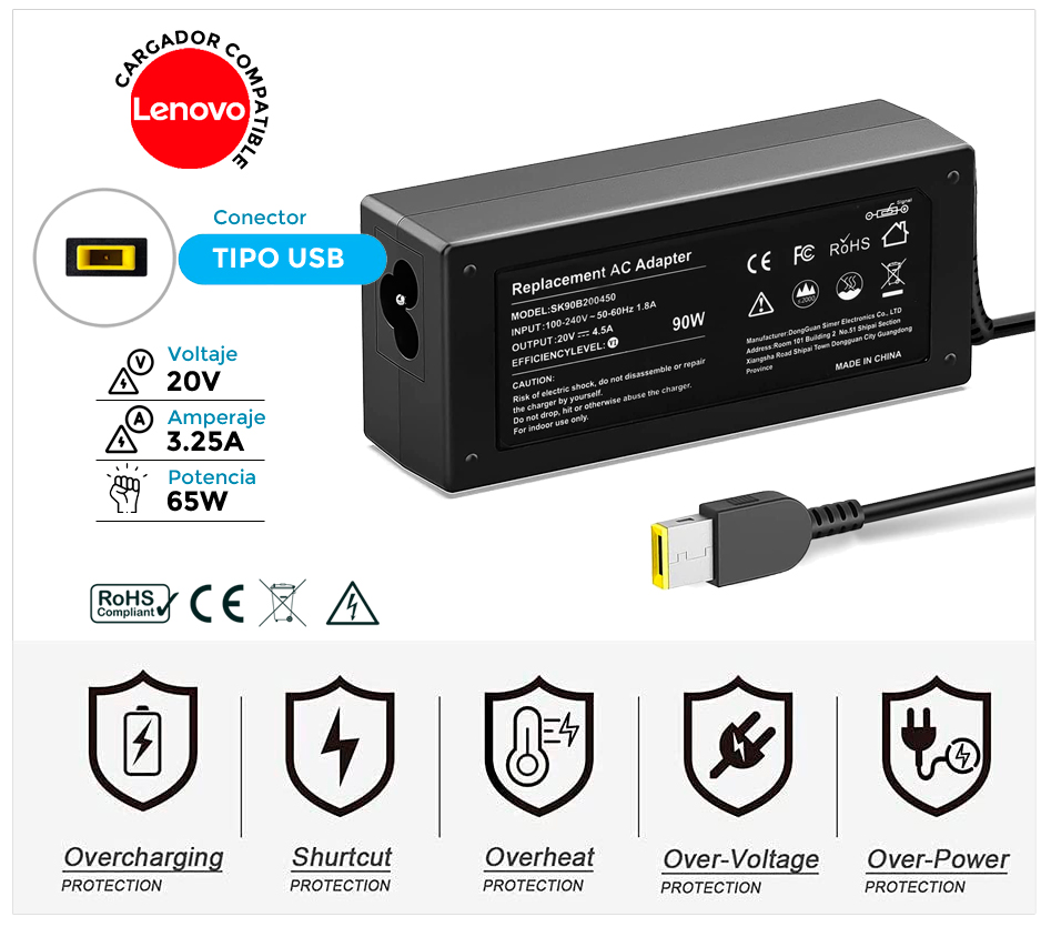 CARGADOR LENOVO COMPATIBLE | 20V / 4.5A | SQUARE | 90W