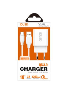 CARGADOR RÁPIDO QC3.0 3.0A 18W + TURBO CABLE TIPO C 1.2M IDUSD D53B
