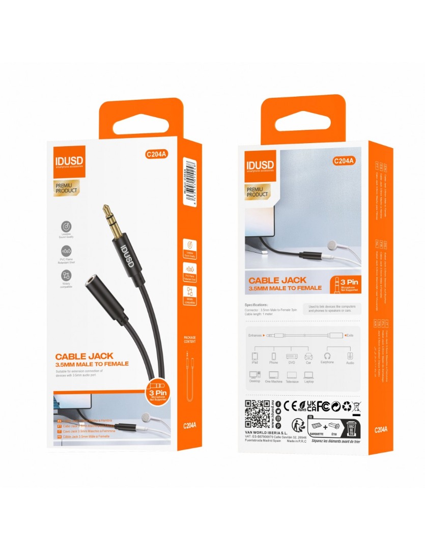 CABLE AUDIO PVC 3.5MM 3PIN M/H 1M | C204A