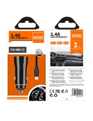 CARGADOR COCHE MICRO 2 PUERTOS USB 2.4A CON CABLE TURBO LIGHTNING 1.2M | NEGRO