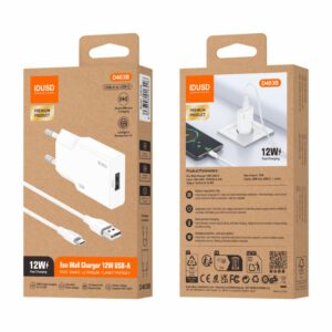 CARGADOR ECO 12W CON UN PUERTO USB-A Y CABLE USB-A A USB-C · IDUSD D403B