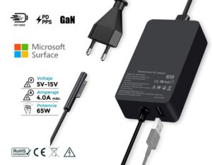 CARGADOR MICROSOFT SURFACE 65W GAN 15V · 4.0A + PUERTO USB 5V · 1.0A · INCLUYE CABLE DE CORRIENTE