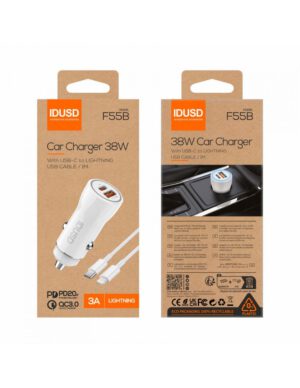 CARGADOR COCHE CARGA RAPIDA PD + QC 38W 3A + CABLE PD USB-C A LIGHTNING BLANCO | F55B