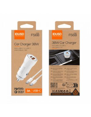 CARGADOR COCHE CARGA RAPIDA PD + QC 38W 3A + CABLE PD USB-C A USB-C BLANCO | F56B