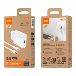 CARGADOR RÁPIDO GaN PD 20W UN PUERTO TIPO C + CABLE PD USB-C IDUSD D276B