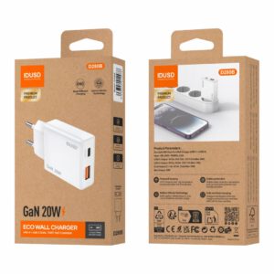 CARGADOR RÁPIDO GaN PD 20W UN PUERTO TIPO USB-C + UN PUERTO USB-A IDUSD D280B