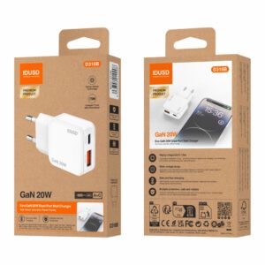 CARGADOR RÁPIDO GaN PD 20W UN PUERTO TIPO USB-C + UN PUERTO USB-A IDUSD D310B