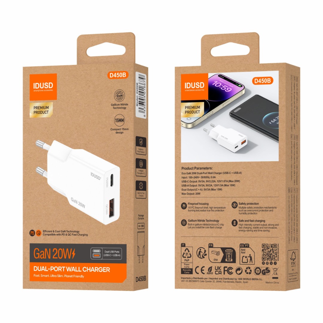 CARGADOR GaN PD20W CON UN PUERTO USB-A Y UN PUERTO USB-C · IDUSD D450B