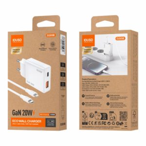 CARGADOR RÁPIDO GaN PD 20W UN PUERTO TIPO USB-C + UN PUERTO USB-A + CABLE PD LIGHTNING IDUSD D285B