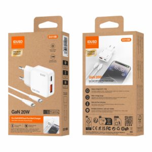 CARGADOR RÁPIDO GaN PD 20W UN PUERTO TIPO C + CABLE PD LIGHTNING IDUSD D315B