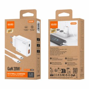 CARGADOR RÁPIDO GaN PD 20W UN PUERTO TIPO USB-C + UN PUERTO USB-A + CABLE PD USB-C IDUSD D286B
