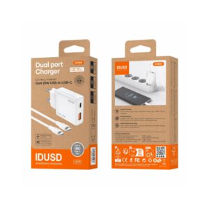 CARGADOR RÁPIDO GaN PD 25W CON UN PUERTO TIPO C Y UN PUERTO USB-A CON CABLE USB-C A USB-C· IDUSD D296B