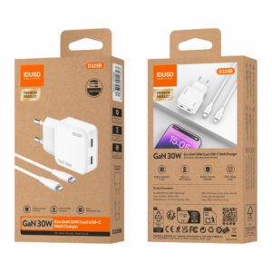 CARGADOR RÁPIDO GaN PD 30W CON DOS PUERTO TIPO C Y CABLE TIPO C A LIGHTNING · IDUSD D325B