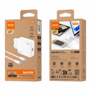 CARGADOR RÁPIDO GaN PD 65W CON UN PUERTO TIPO C Y CABLE USB-C A USB-C · IDUSD D346B