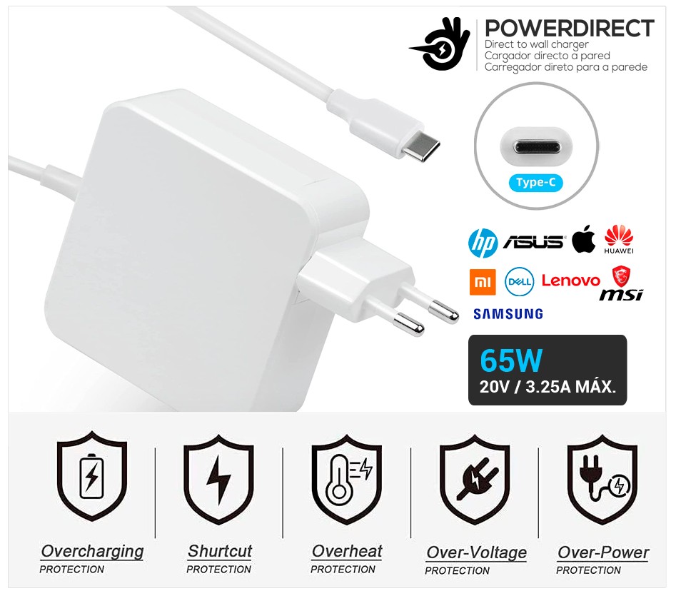 CARGADOR COMPATIBLE USB-C 65W DIRECTO A PARED COLOR BLANCO