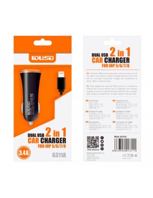 CARGADOR COCHE LIGHTNING IPHONE 5/6 | 2 EN 1 | 3.4A | NEGRO