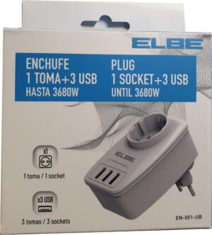 ENCHUFE CON 1 TOMA + 3 PUERTOS USB HASTA 3680W | ELBE EN-001-UB