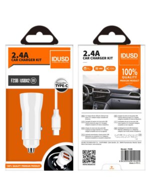 CARGADOR COCHE MICRO 2 PUERTOS USB 2.4A CON CABLE TIPO C 1.2M BLANCO | F23B
