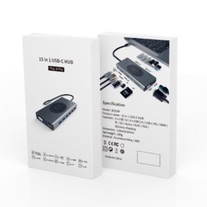 ADAPTADOR 15 EN 1 TIPO C A HUB CON PUERTOS TIPO C / USB 2.0 / USB3.0 / AUDIO / VGA / HDMI / RJ45 / SD / TF