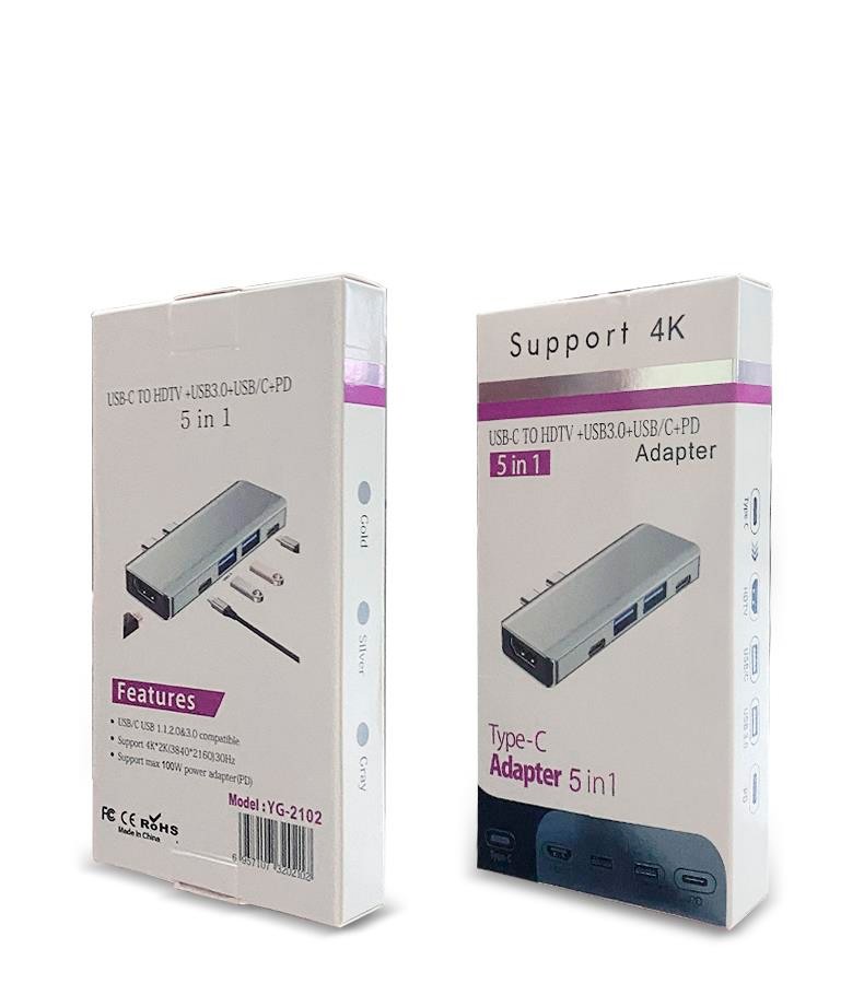 ADAPTADOR APPLE MACBOOK 5 EN 1 TIPO C A HUB CON PUERTOS TIPO C / USB3.0 / PD / HDMI | BASIX YG-2102