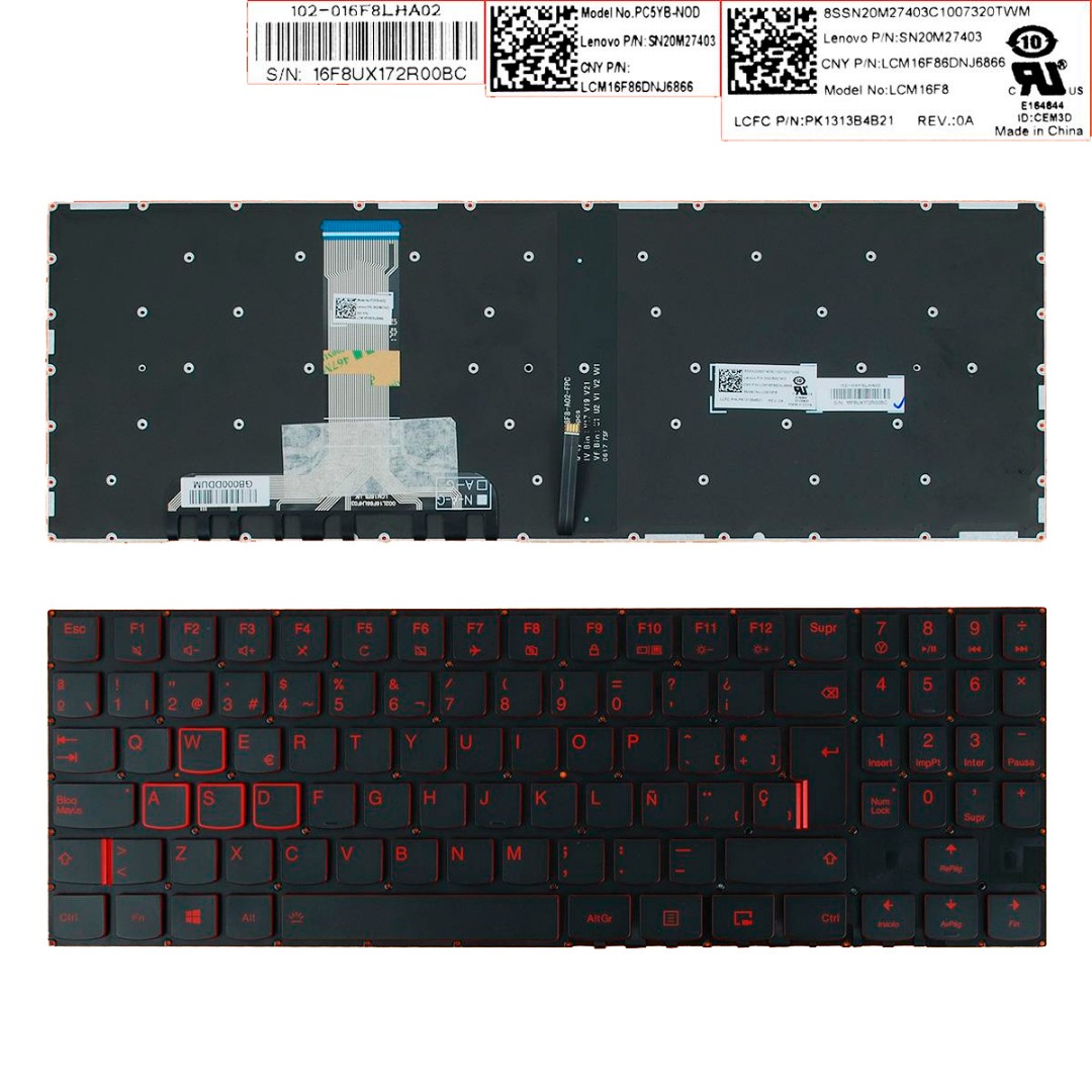 TECLADO ESPAÑOL LENOVO LEGION Y520 Y520-15IKB Y720-15IKB R720 R720-15IKB SERIES | NEGRO SIN MARCO RETROILUMINADO ROJO