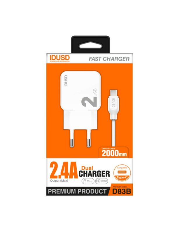 CARGADOR SMART CHARGER 2xUSB 2.4A 12W + TURBO CABLE TIPO C 2M BLANCO IDSD D83B