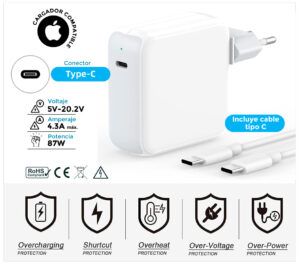 CARGADOR APPLE COMPATIBLE USB-C 87W | MNF82LL/A A1719 ( INCLUYE CABLE TIPO C )