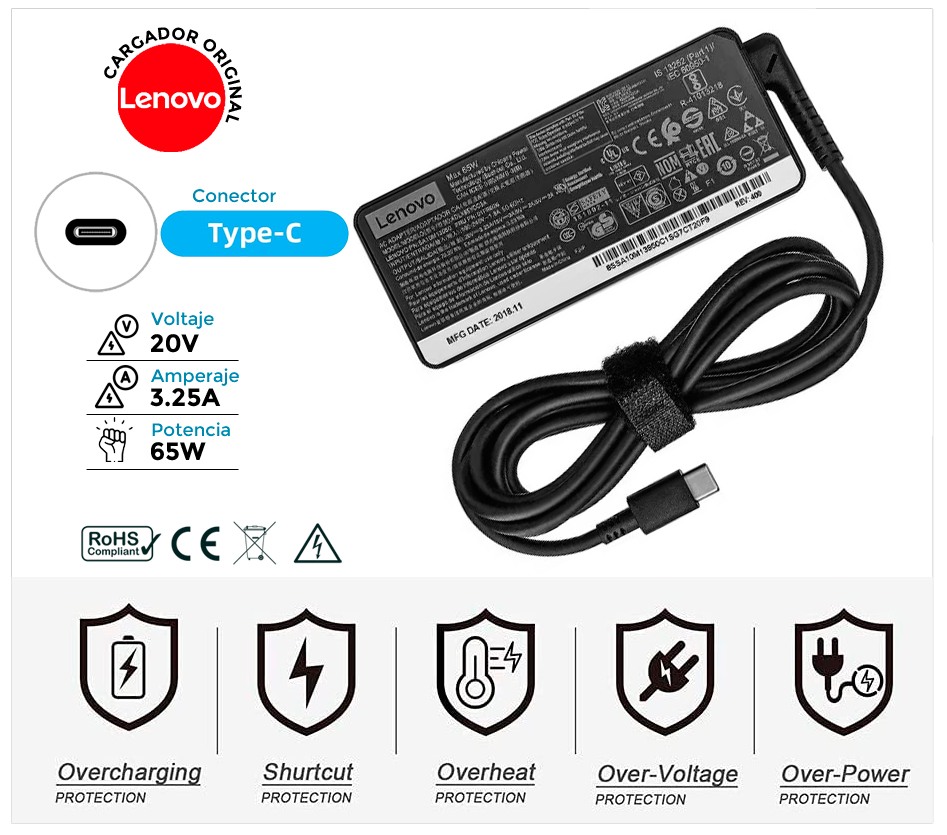CARGADOR LENOVO ORIGINAL 65W TIPO C