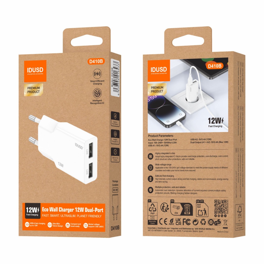 CARGADOR ECO 12W CON DOS PUERTOS USB-A · IDUSD D410B