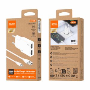 CARGADOR ECO 12W CON DOS PUERTO USB-A Y CABLE USB-A A USB-C · IDUSD D413B