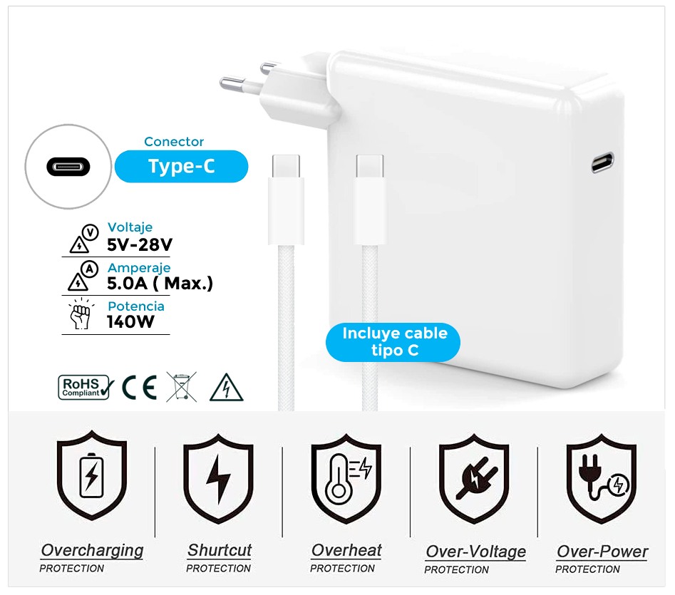 CARGADOR APPLE COMPATIBLE USB-C 140W PD GAN + CABLE 1M TIPO USB-C