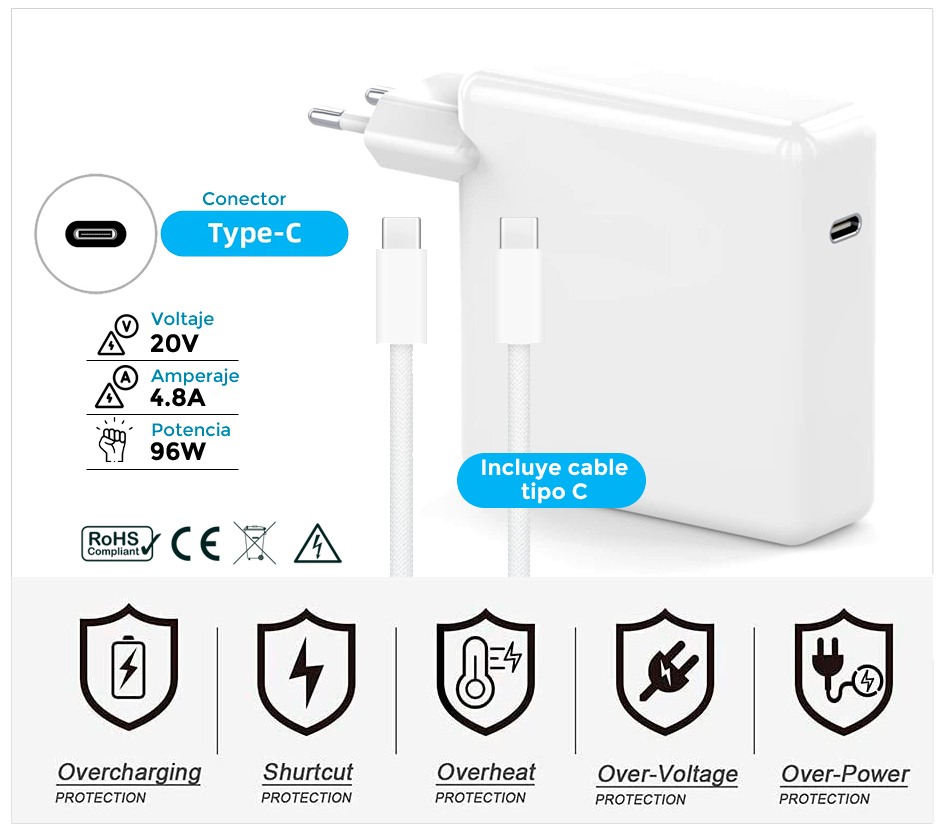 CARGADOR APPLE COMPATIBLE USB-C 96W ( INCLUYE CABLE TIPO C )