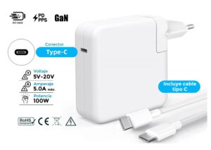 CARGADOR APPLE COMPATIBLE USB-C 100W PD GAN + CABLE 1M TIPO USB-C