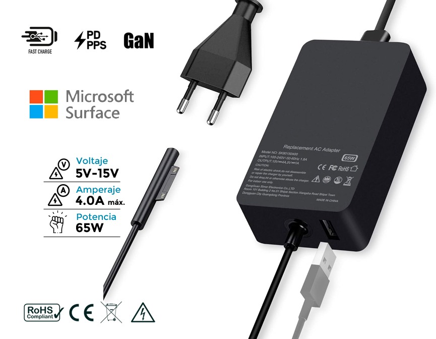 CARGADOR MICROSOFT SURFACE 65W GAN 15V · 4.0A + PUERTO USB 5V · 1.0A · INCLUYE CABLE DE CORRIENTE