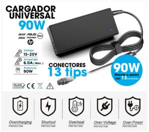 CARGADOR UNIVERSAL AUTOMÁTICO 90W 15-20V/6A MÁX. | 13 PUNTAS ( INCLUYE CABLE DE CORRIENTE )