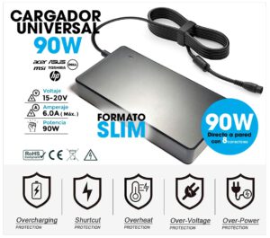 CARGADOR UNIVERSAL AUTOMÁTICO 90W 15-20V/6A MÁX. SLIM | 8 PUNTAS ( INCLUYE CABLE DE CORRIENTE )