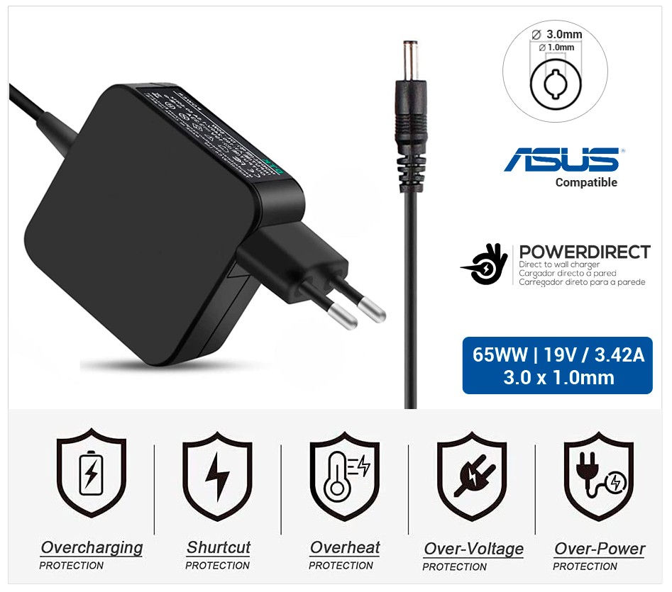 CARGADOR ASUS COMPATIBLE | 19V / 3.42A | 3.0 x 1.0mm | 65W DIRECTO A PARED ( SIN CABLE )