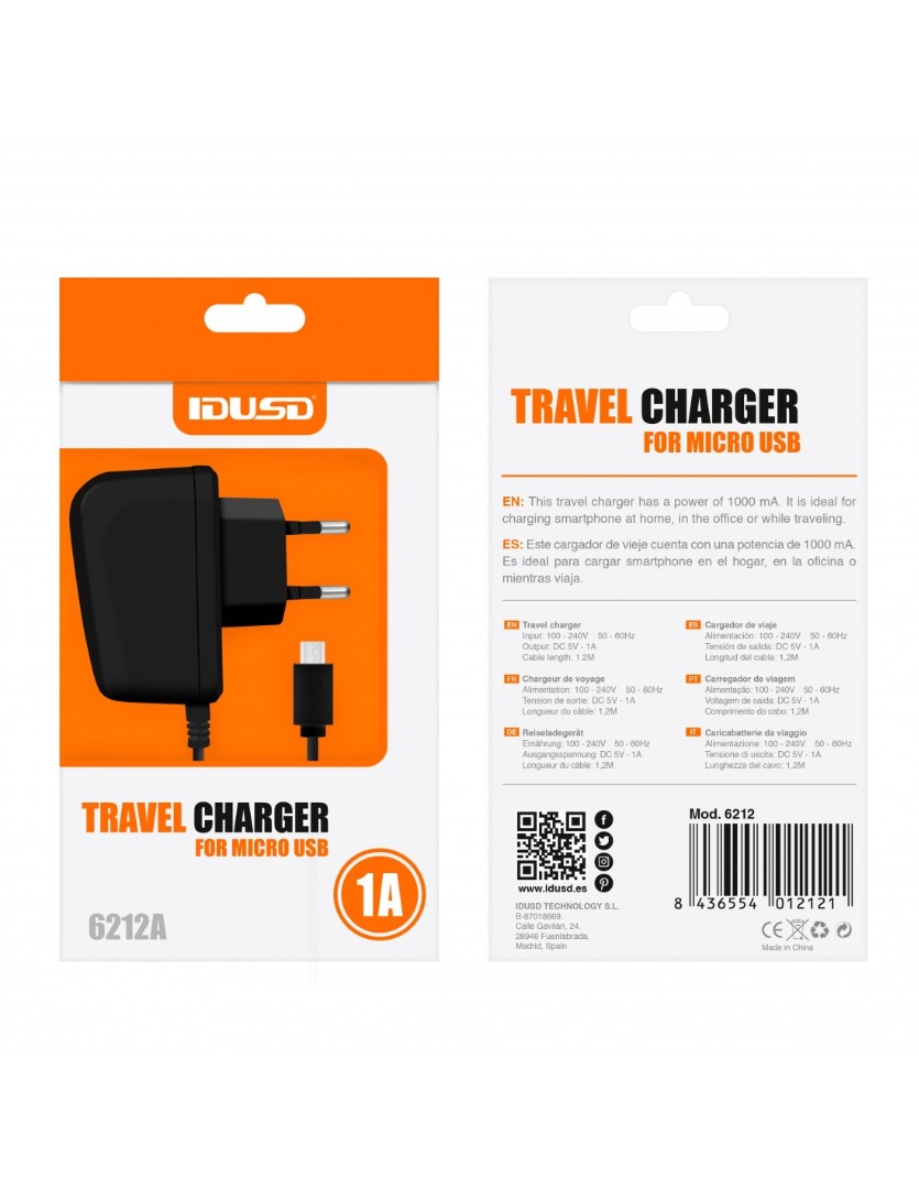 CARGADOR MICRO USB 1000mAh | NEGRO