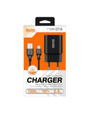 CARGADOR SMART CHARGER 1xUSB 2.4A 12W + CABLE MICRO USB NEGRO | D71A
