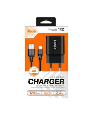 CARGADOR SMART CHARGER 1xUSB 2.4A 12W + CABLE TIPO C NEGRO | D73A