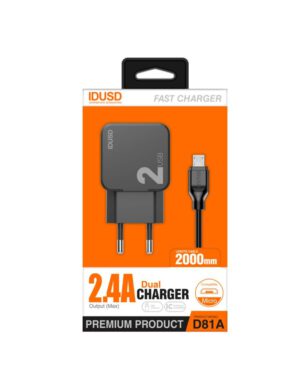 CARGADOR SMART CHARGER 2xUSB 2.4A 12W + TURBO CABLE MICRO USB 2M NEGRO | D81A