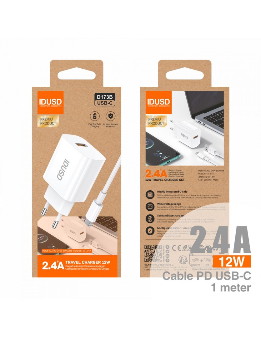 CARGADOR ECO CHARGER 2.4A 12W + CABLE 1M. USB A USB-C IDUSD D173B