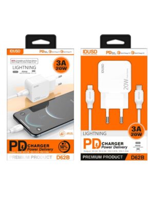 CARGADOR CARGA RAPIDA PD3.0 20W 3A USB-C + CABLE LIGHNTING 1.2M IDUSD D62B