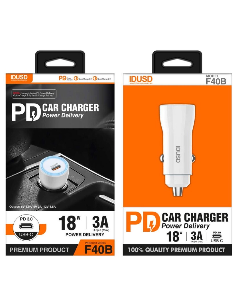 CARGADOR COCHE CARGA RAPIDA PD3.0 18W 3A USB-C | BLANCO