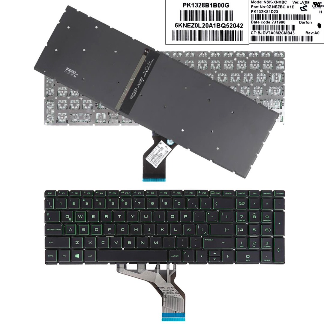 TECLADO LATINO HP PAVILION 250 G7 255 G7 15-CN 15-CS 15-CR 15-CW 15-CX 15-DR 17-BY 17-CA SERIES SIN MARCO RETROILUMINADO COLOR VERDE | AE09U010 787766-020