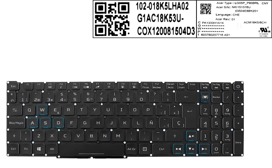 TECLADO ESPAÑOL ACER NITRO 5 AN515-43 AN515-54 NITRO 7 AN715-51 SERIES SIN MARCO RETROILUMINADO AZUL | SP NKI151316U LG05P-P90BRL 03504E78K201 JIT SF-2196 DG 002-18K36LHE01+ 55CH0335
