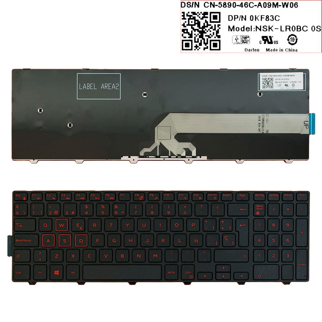TECLADO ESPAÑOL DELL INSPIRON 15-5000 17-5000 GAMING SERIES | NEGRO CON MARCO LETRAS ROJAS | 0KF83C