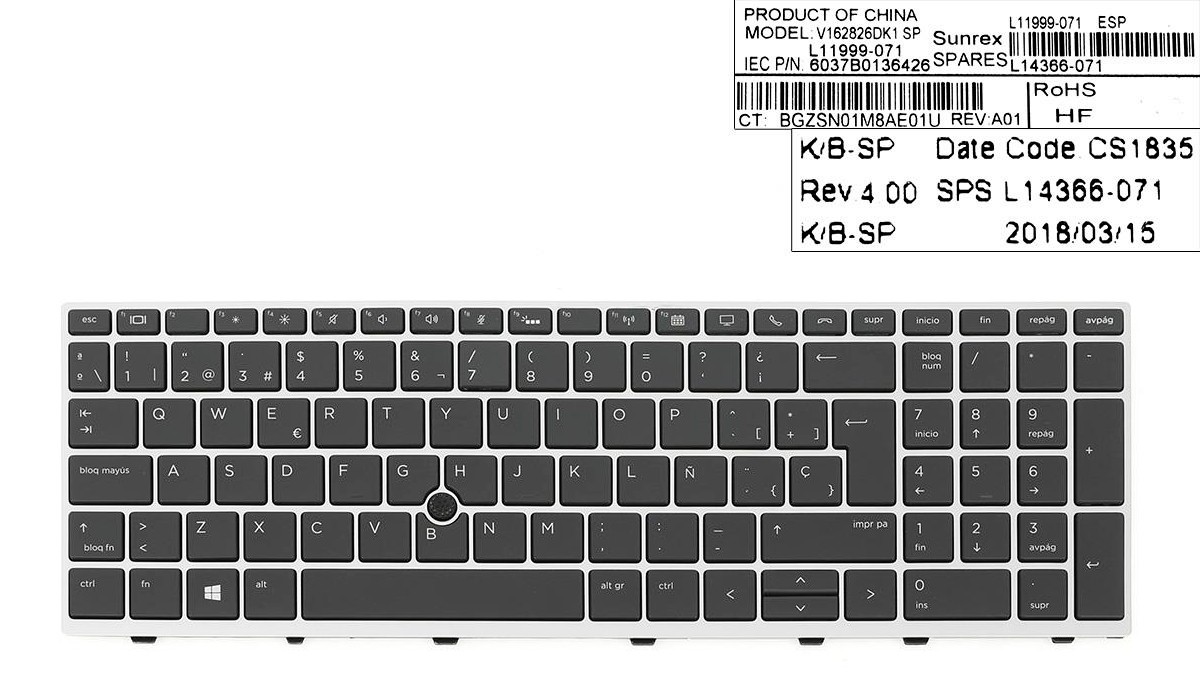 TECLADO ESPAÑOL HP ELITEBOOK 850 G5 755 G5 ZBOOK 15U G5 SERIES CON MARCO COLOR PLATA/SILVER SIN RETROILUMINACION NI POINTSTICK